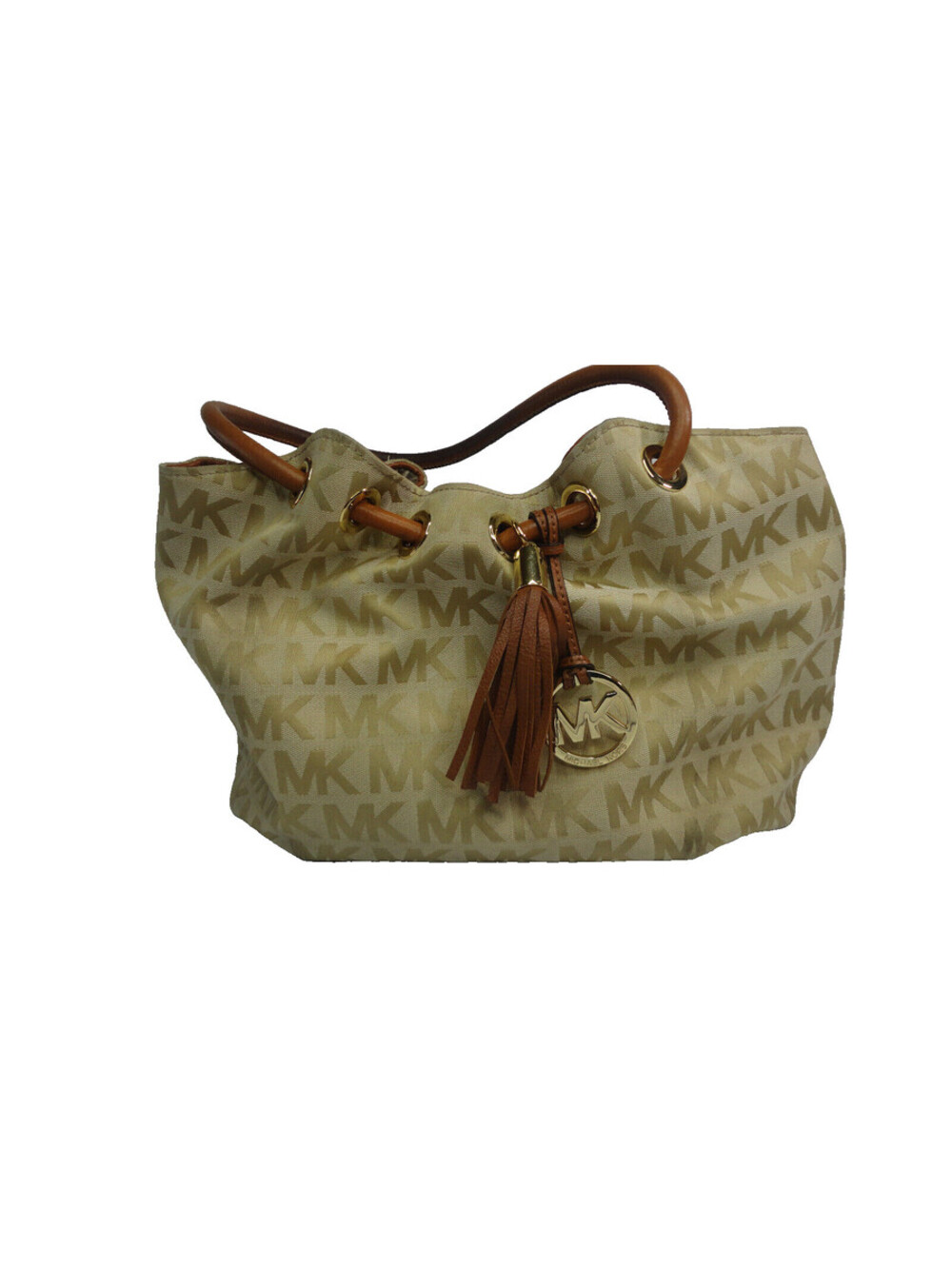 MICHAEL KORS Jet Set MK Signature Jacquard Shoulder Bag Canvas Purse Beige